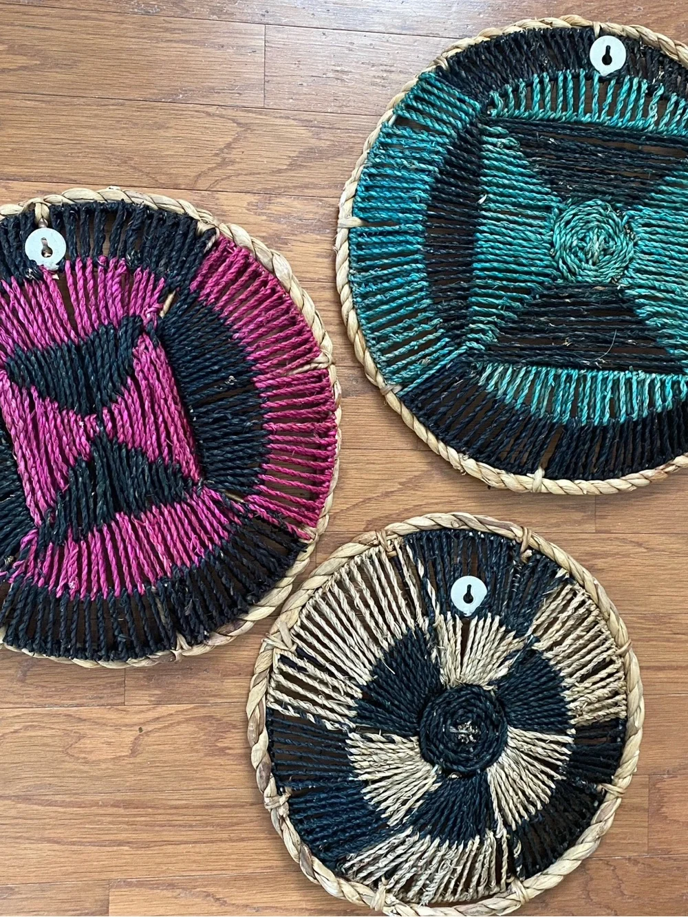 World Market Bohemian Woven Wall Basket Trio in Pink, Green & Natural